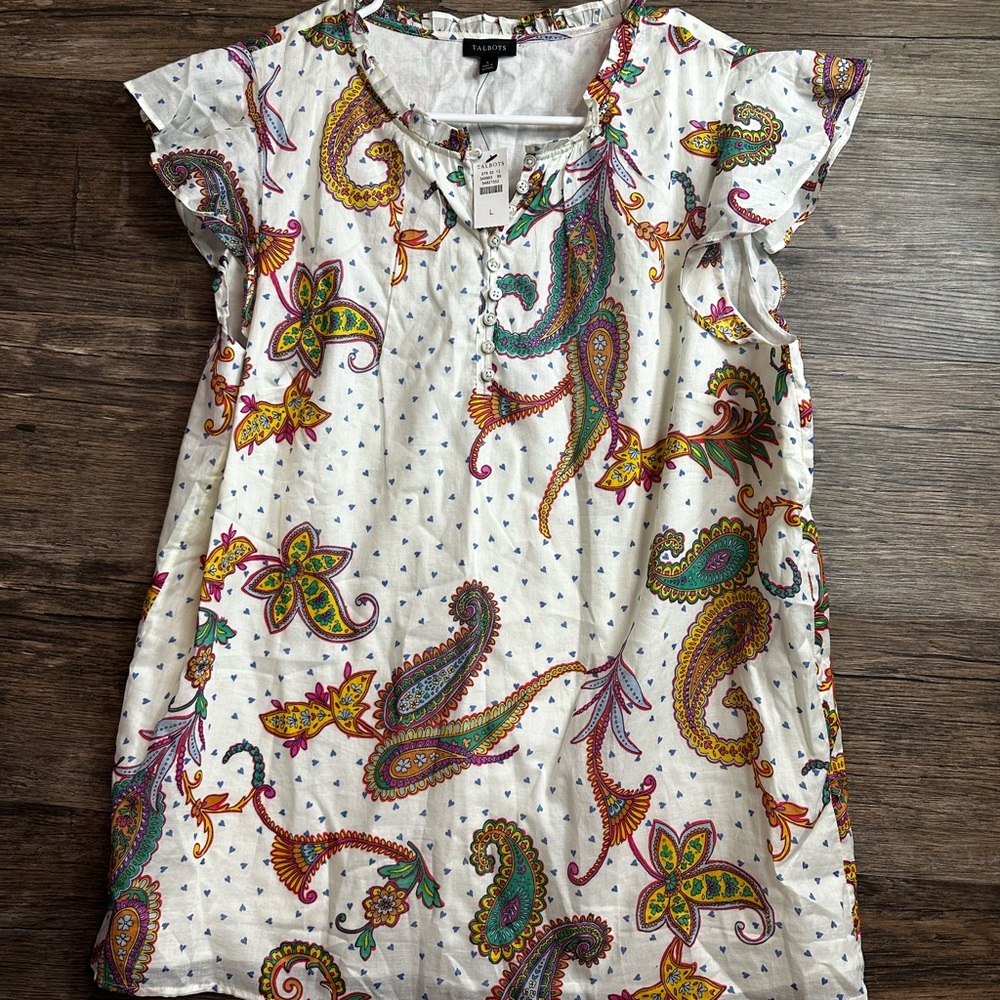 Talbots White Ruffled Flutter Sleeve Paisley Blouse - Picture 1 of 8